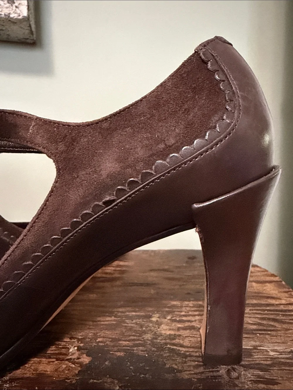Cole Haan Dark Brown Suede & Leather Scallop Trim Mary Jane Heels